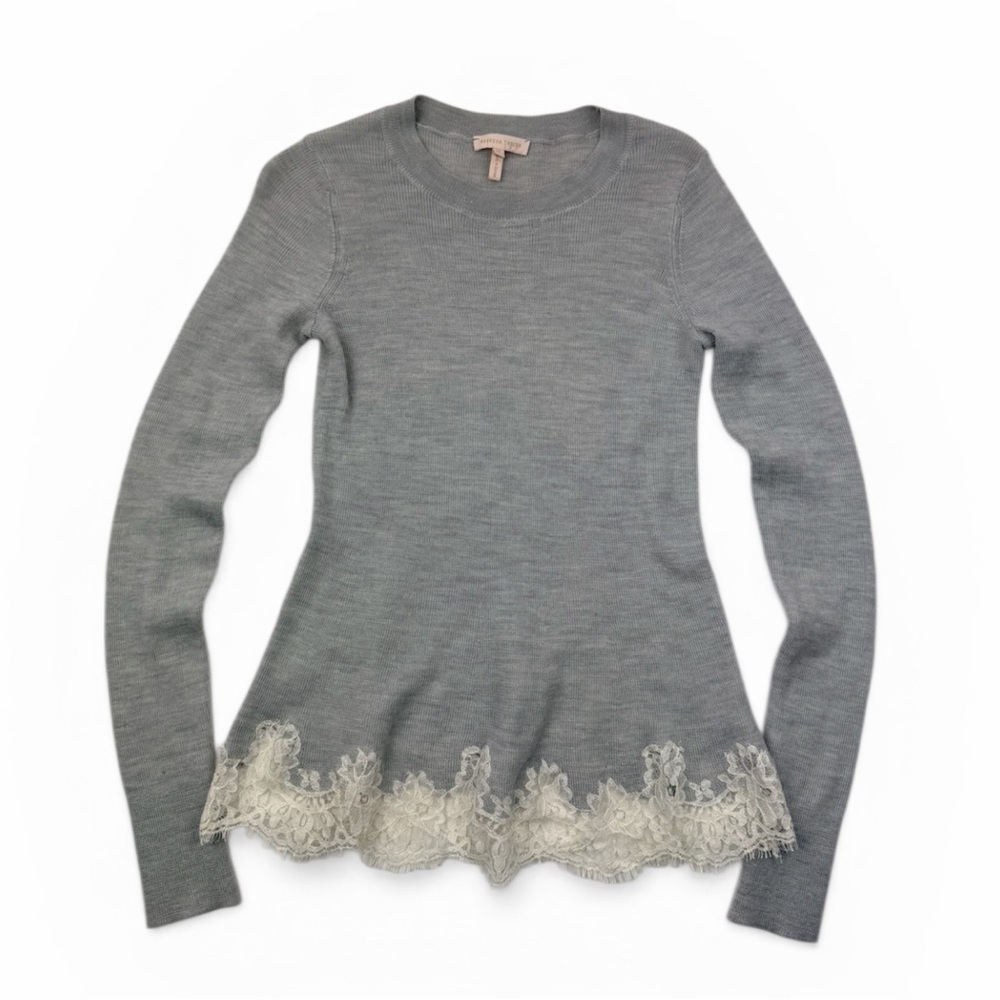 Rebecca Taylor Lace Hem Sweater XS Gray Wool Alpaca Blend Long Sleeve